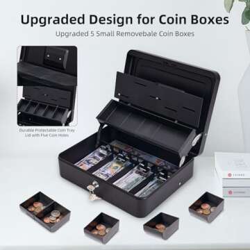 ZYNKORA Large Cash Box with Security Cable & Coin Tray, Metal Money Box with Tray & Key Lock,Tiered ...