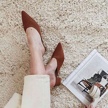 TIJN Heels,Pointed Toe Mules for Momen with Low Heel, Breathable Mesh Knit Slip On Flat Sandals,Helka,7