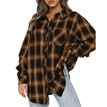 CHYRII Womens Button Down Flannel Shirts Long Sleeve Plaid Shacket Business Casual Tops Brown S