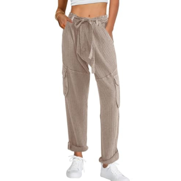 SENSERISE Womens Casual Waffle Knit Cargo Pants Baggy Relaxed Fit Pants Streetwear Trouser with Pock...