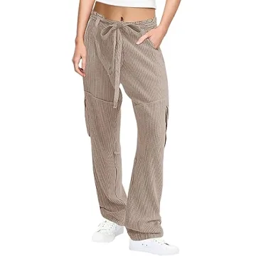 SENSERISE Womens Casual Waffle Knit Cargo Pants Baggy Relaxed Fit Pants Streetwear Trouser with Pockets(Dark Khaki,S)