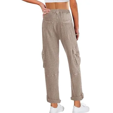 SENSERISE Womens Casual Waffle Knit Cargo Pants Baggy Relaxed Fit Pants Streetwear Trouser with Pockets(Dark Khaki,S)