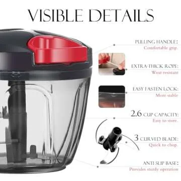 Ourokhome Manual Food Processor Vegetable Chopper, Portable Hand Pull String Garlic Mincer Onion Cutter for Veggies, Ginger, Fruits, Nuts, Herbs, etc., 650ml, Black