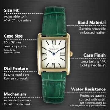 Peugeot Women's 14K Gold Plated Tank Leather Dress Watch with Roman Numerals Dial, Green