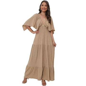 Women's Summer V-Neck, Tiered Silhouette with Flutter Sleeves Maxi Dress (as1, Alpha, l, Regular, Regular, GA)