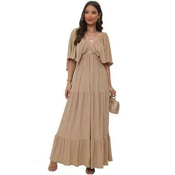 Women's Summer V-Neck, Tiered Silhouette with Flutter Sleeves Maxi Dress (as1, Alpha, l, Regular, Regular, GA)