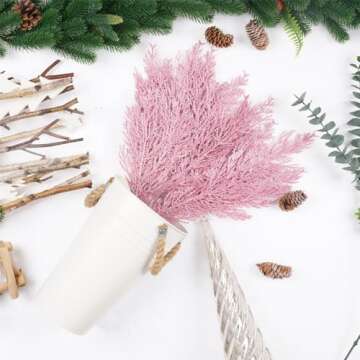 Christmas Glitter Stems 24pcs Artificial Pine Tree Picks for Christmas Tree Ornaments fillers, DIY Xmas Wreath, Crafts, Garland, Holiday, Party, Wedding and Home Decoration (Pink)