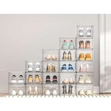 ARSTPEOE Upgrade Harder Solid Plastic Shoe Organizer, Shoe Storage with Magnetic Front Door, Shoe Rack 6 Pack Shoe Boxes Clear, Sneaker Storage, Shoe Organizer for Closet, Shoe Display Case, Black