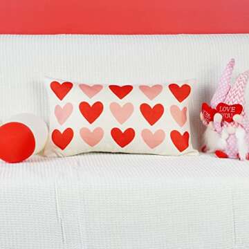 ONWAY Valentine's Day Pillow Cover 12x20 Red Pink Heart Decoration Valentine Lumbar Throw Cushion Ca...