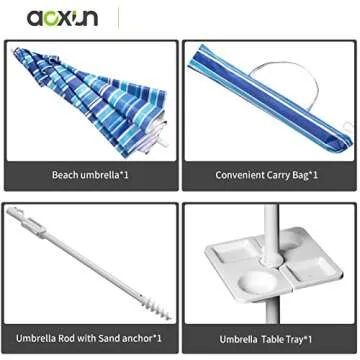 Aoxun 7ft Beach Umbrella with Tray and Tilt Pole Portable Patio Umbrella with Sand Anchor and Carry Bag Outdoor UPF 50+ Sun Shelter with Air Vents Design (Navy Blue)