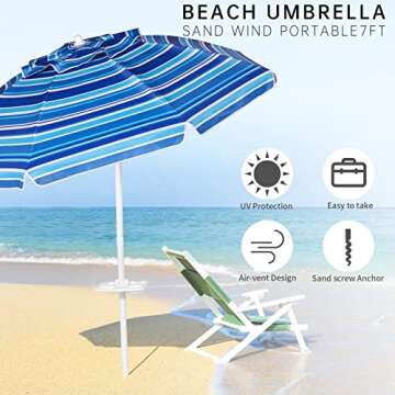 Aoxun 7ft Beach Umbrella with Tray and Tilt Pole Portable Patio Umbrella with Sand Anchor and Carry Bag Outdoor UPF 50+ Sun Shelter with Air Vents Design (Navy Blue)