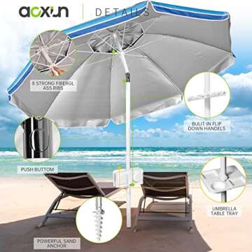 Aoxun 7ft Beach Umbrella with Tray and Tilt Pole Portable Patio Umbrella with Sand Anchor and Carry Bag Outdoor UPF 50+ Sun Shelter with Air Vents Design (Navy Blue)