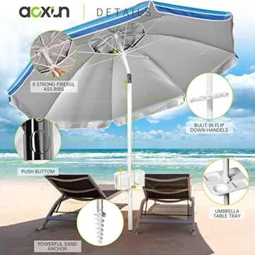 Aoxun 7ft Beach Umbrella with Tray and Tilt Pole Portable Patio Umbrella with Sand Anchor and Carry Bag Outdoor UPF 50+ Sun Shelter with Air Vents Design (Navy Blue)
