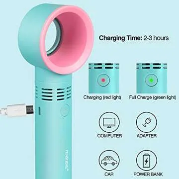 fenshine Portable USB Rechargeable Mini Fan Dryer Bladeless Handheld , Air Conditioning Blower for Essential Eyelash Extension Supplies (Blue 02)