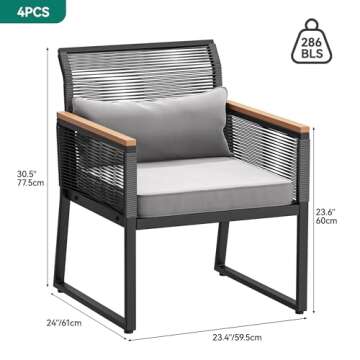 YITAHOME Patio Dining Chairs Set of 4, Outdoor Wicker Furniture Dining Chairs, All-Weather Rattan Conversation Chairs with Wood Armrest and Soft Cushions for Backyard Deck (Black+Light Gray)