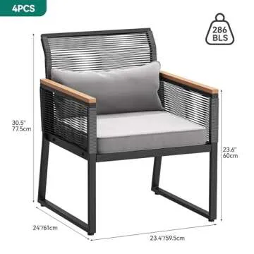 YITAHOME Patio Dining Chairs Set of 4, Outdoor Wicker Furniture Dining Chairs, All-Weather Rattan Conversation Chairs with Wood Armrest and Soft Cushions for Backyard Deck (Black+Light Gray)