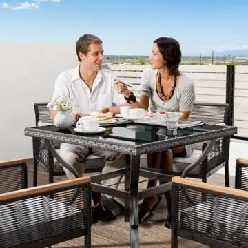 YITAHOME Patio Dining Chairs Set of 4, Outdoor Wicker Furniture Dining Chairs, All-Weather Rattan Conversation Chairs with Wood Armrest and Soft Cushions for Backyard Deck (Black+Light Gray)