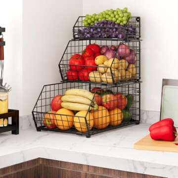 Yuzehuaza 3 Tier Fruit and Vegetable Basket Wall-Mounted & Countertop Organizer for Potato Onion Sta...