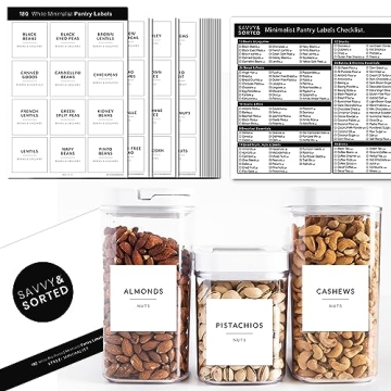 SAVVY & SORTED Minimalist Pantry Labels - 180 Waterproof Vinyl Stickers for Kitchen Organization