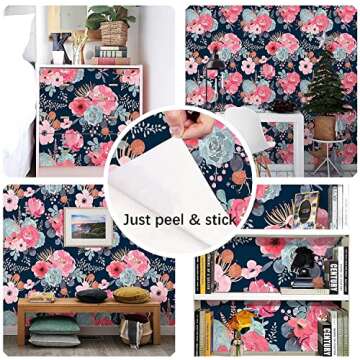 Wallpaper Floral Peel and Stick Cactus Navy Pink Vinyl Self Adhesive Prepasted Decorative (17.7in x 32.8ft)