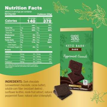 ChocZero Peppermint Crunch Keto Bark, Dark Chocolate Candy Bar, Sugar Free, Vegan, Gluten Free, 3.2 ...
