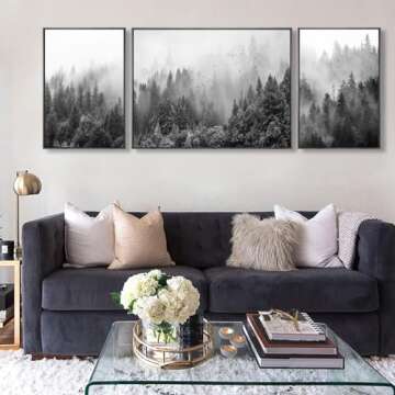 Wall Art 3 Pieces Modern Wall Art Canvas Printing Fog Forest Nature Photography Black and White for ...