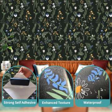 Cismmy Removable Peel and Stick Wallpaper Boho 17.5 x 118 in Floral Wallpaper for Bedroom Bathroom E...