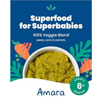 Amara Organic Baby Food - Stage 2 - Peas, Corn & Carrots - Baby Cereal to Mix With Breastmilk, Water...