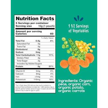 Amara Organic Baby Food - Stage 2 - Peas, Corn & Carrots - Baby Cereal to Mix With Breastmilk, Water or Baby Formula - Shelf Stable Baby Food With 100% Organic Veggies - 5 Pouches, 3.5oz Per Serving