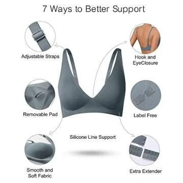 SHARICCA Pro Seamless Bra for Women Deep V Neck Wirefree Bra Adjustable Strap Comfort Sleep Bra Removable Padded Bralette(Grey,M)