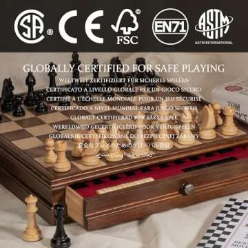 A&A 15 inch Walnut Wooden Chess Sets with Storage Drawer, Triple Weighted Chess Pieces,3.0 inch King Height,Walnut Box,Walnut & Maple Inlay, 2 Extra Queen,Classic 2 in 1 Chess and Checkers Board Games