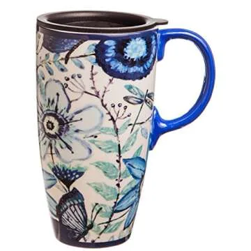 Shades of Indigo Flowers and Butterflies Ceramic Travel Coffee Mug 17oz