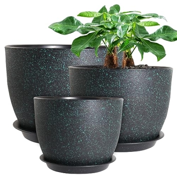 UOUZ 12/10/9 Large Modern Plant Pots, Plastic Planters with Drainage Holes and Saucers for Indoor Ou...