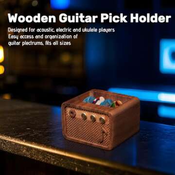 CoolGift Mart Guitar Pick Holder, Walnut Wood Electric Guitar Amp Styled Pick Holder for Picks Stora...