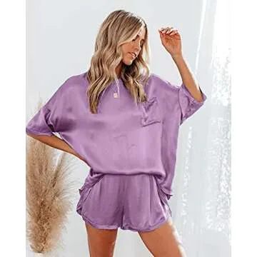 CHYRII Women's Silk Satin Pajamas Two Piece Pj Sets Crewneck Short Sleeve Tops and Shorts Sleepwear