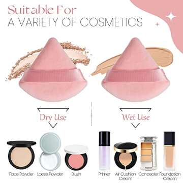 MOTZU 6 Pieces Powder Puff for Face Powder, Triangle Makeup Puff, Cotton Velour Triangle Face Puffs for Setting, Contouring, Under Eyes, and Corners, 2.76-inch Normal Size, with Strap, Beauty Tool
