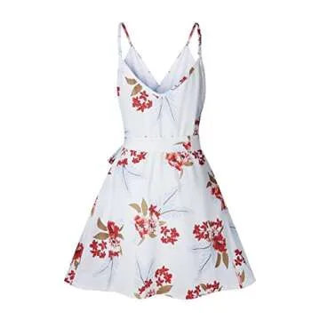 ECOWISH Womens V-Neck Spaghetti Strap Bowknot Backless Sleeveless Lace Mini Swing Skater Dress 594 White Small