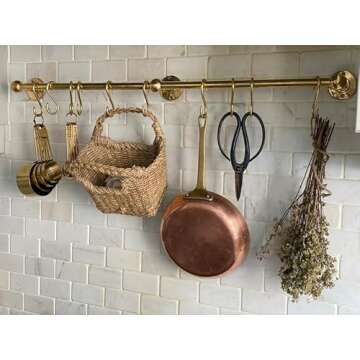 KMHUI Unlacquered Brass Wall Mounted Pot Rack, Brass Kitchen Rail with Hooks, Brass Wall Pot Rack Ki...