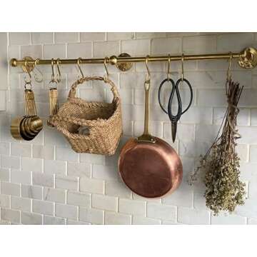 KMHUI Unlacquered Brass Wall Mounted Pot Rack, Brass Kitchen Rail with Hooks, Brass Wall Pot Rack Kitchen Storage (60 Inches= 152 cm)