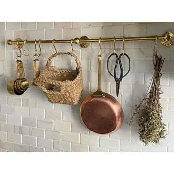 KMHUI Unlacquered Brass Wall Mounted Pot Rack, Brass Kitchen Rail with Hooks, Brass Wall Pot Rack Kitchen Storage (60 Inches= 152 cm)