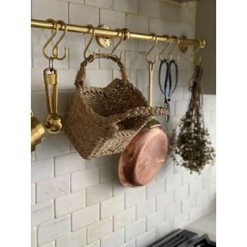 KMHUI Unlacquered Brass Wall Mounted Pot Rack, Brass Kitchen Rail with Hooks, Brass Wall Pot Rack Kitchen Storage (60 Inches= 152 cm)