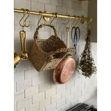 KMHUI Unlacquered Brass Wall Mounted Pot Rack, Brass Kitchen Rail with Hooks, Brass Wall Pot Rack Kitchen Storage (60 Inches= 152 cm)