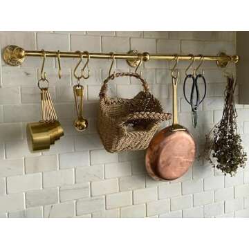KMHUI Unlacquered Brass Wall Mounted Pot Rack, Brass Kitchen Rail with Hooks, Brass Wall Pot Rack Kitchen Storage (60 Inches= 152 cm)