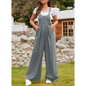 Dokotoo Women's Casual Loose Overalls Jumpsuits One Piece Sleeveless Adjustable Straps Bib Wide Leg Long Pant Rompers