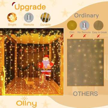 Ollny Curtain Lights 200LED 6.6x6.6ft, USB Warm White Fairy Lights with Remote 8 Modes Dimmable Timer, Waterproof String Lights for Bedroom Wall Outdoor Indoor Backdrop Window