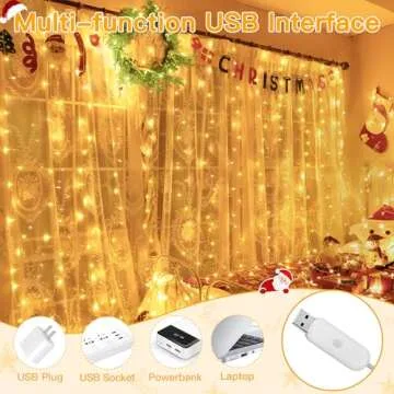 Ollny Curtain Lights 200LED 6.6x6.6ft, USB Warm White Fairy Lights with Remote 8 Modes Dimmable Timer, Waterproof String Lights for Bedroom Wall Outdoor Indoor Backdrop Window