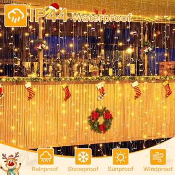 Ollny Curtain Lights 200LED 6.6x6.6ft, USB Warm White Fairy Lights with Remote 8 Modes Dimmable Timer, Waterproof String Lights for Bedroom Wall Outdoor Indoor Backdrop Window