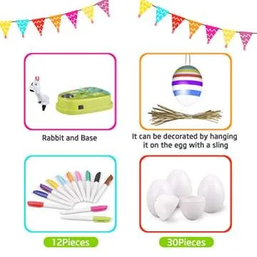 Engfa Easter Egg Decorating Kit, Cute Bunny Decorator with Markers, DIY Easter Egg Coloring Kits with 12 Dying Markers 30 Plastic Eggs and Slings