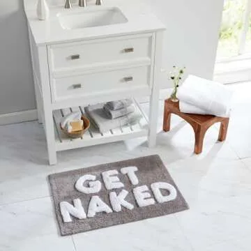 Market & Place Get Naked Bath Rug, Cute Bathroom Mat, Funny Bathroom Decor for Tub and Shower, Cotton Tufted Absorbent Bath Rugs, 20" x 30", Grey and White