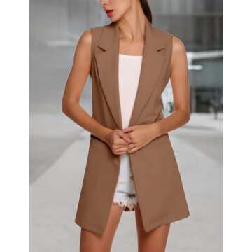 SCUSTY Black Cardigans Vests for Women Long Open Front Sleeveless Blazer Jackets(DarkKhaki-S)